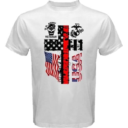 Veteran USMC Marine Corps US Army Skull American Flag Thin Red Line USA Patriotic Tactical Flag on white Tshirt