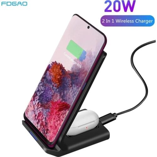 15W Fast Charge Holder 2 in 1 Qi Wireless Charger Stand For iPhone 11 XR XS X Airpods Pro Samsung S20 S10 Buds Charging Dock Pad