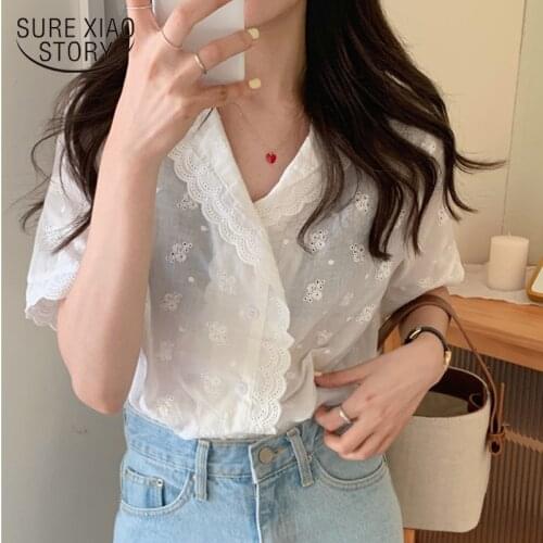 2021 Summer New Korean Sweet Lace Hollow Out Embroidered Shirt Vintage Short Sleeve Womens Shirt V-neck Solid Ladies Tops 14033