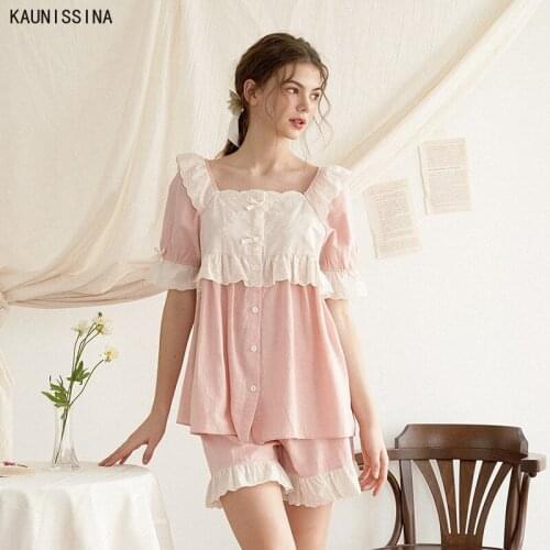 Womens Summer Cotton Pajamas Short Sleeve Square Collar Shirts Shorts Two Piece Pajama Set Girls Lace Princess Home Nightwear