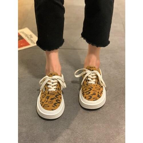Leopard print womens canvas shoes all-match spring and autumn 2021 Korean style lace-up platform casual shoes comfortable