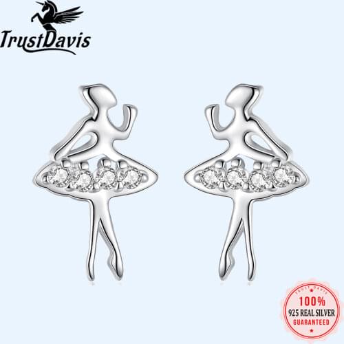 Trusta 925 Sterling Silver Earrings Cute CZ Stone Ballet Dancer Girl Stud Earrings For Women Lady Fine Jewelry DT81