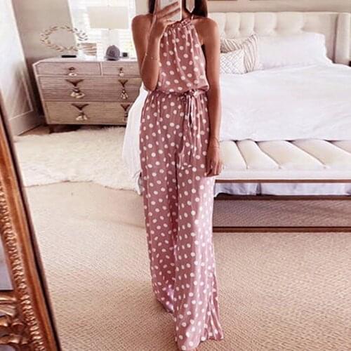Dot Print Puff Sleeveless Jumpsuit Women Pink Wide Leg Long Rompers Leisure Off Shoulder Beach Casual Jumpsuits
