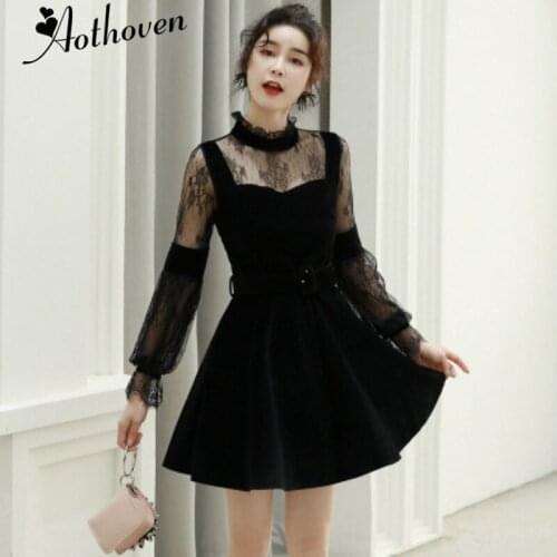 Lace Patchwork Velvet A-Line Dress Winter Women Stand-up Collar Long Sleeve Bandage Dress Elegant Vintage Party Club Dresses