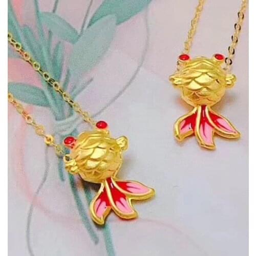 1PCS Pure 999 24K Yellow Gold Pendant 3D Colorful Enamel Goldfish Bead Very Small