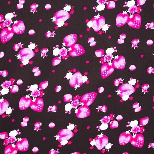 1 yard Cotton Poplin Fabric for sewing pathwork, dress, cloth, bedding - Fruit - Straberry on Black background (width=145cm)