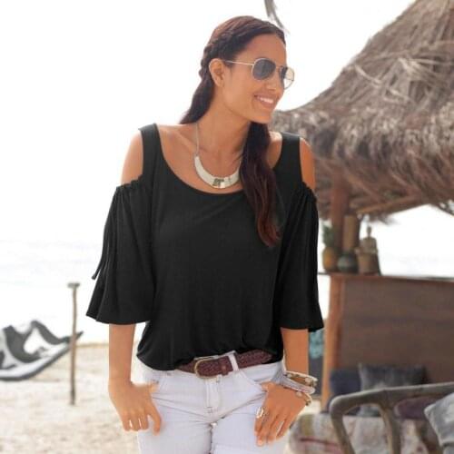2020 Summer Womens Cotton Sexy Shoulder Casual Loose Short Sleeve Solid