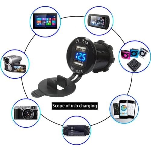 Car Motorcycle Dual USB Charger Socket Aluminum Alloy Adapter Digital Display USB Charger Socket with LED Voltmeter