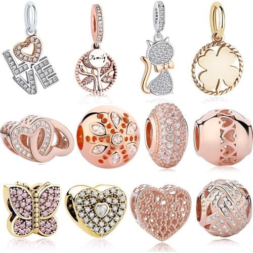 Solid 925 Sterling Silver Rose Gold Love Heart Beads fit Original Charm Bracelet Necklace for Women DIY Fashion Jewelry Making