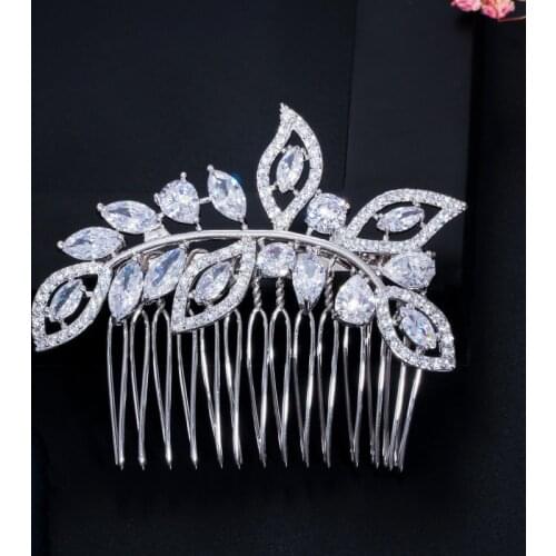 CWWZircons Elegant Leaf Flower Cubic Zirconia Crystal Wedding Hair Comb Bridal Tiara Headpiece Evening Jewelry Accessories A013