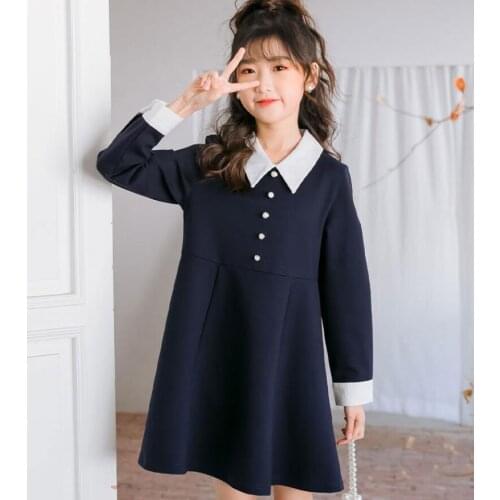Kids Clothes Girls Dresses 2021 Spring Kids Turn-down Collar Dress South Korean Baby Girls Clothing Teen 6 8 10 12 Year