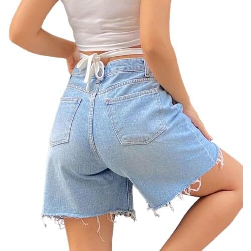 Women’s High Rise Denim Shorts Casual Frayed Hem Washed Short Jeans with Ripped Holes