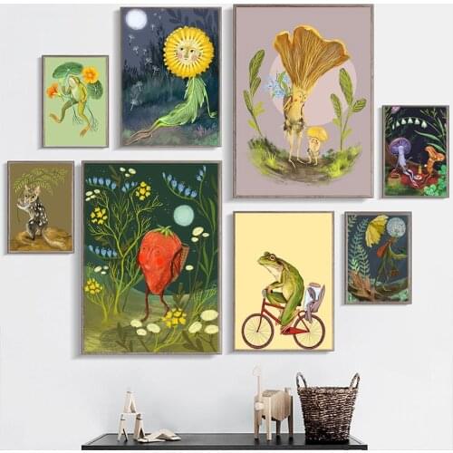 Dandelion Mushroom Strawberry Frog Sunflower Wall Art Canvas Painting Nordic Posters And Prints Wall Pictures Kids Room Decor
