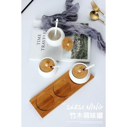 3-piece Ceramic Seasoning Box,with Bamboo Cover and Base,Wavy Drum-shaped Spice Jar,Sugar and Salt Pepper Jar
