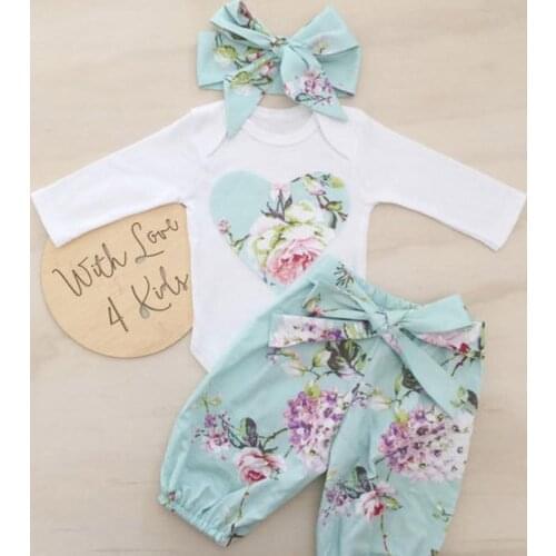 3 Peices Newborn Baby Girl Clothes Set Infant Girls Print Floral Long Sleeve Romper Pants Headband Outfits Clothing Sets