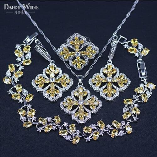 Luxury silver color Bridal Jewelry Yellow Cubic Zircon Jewelry Sets For Women Earrings/Pendant/Necklace/Rings/Bracelet