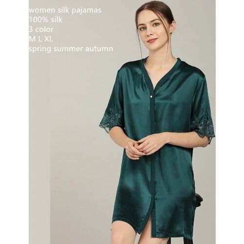 Naizaiga 19M/m 100% silk green pink red short nightgowns summer lace girl solid pajamas , SKFS27