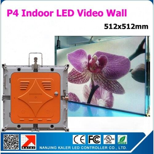 Kaler 512x512mm p4 led indoor video wall rental die-cast aluminum wall display cabinets 1/16 scan 2121smd video display
