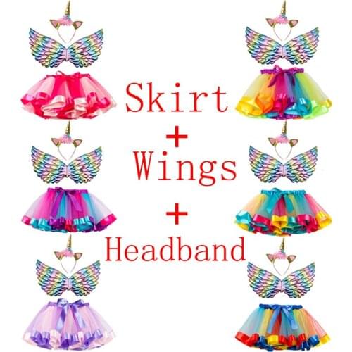 2021 Summer Unicorn Princess Dress Unicorn Party Kids Cosplay Dress Up Rainbow Skirt+Wings+Headband 3pcs Oufits Girls Clothes