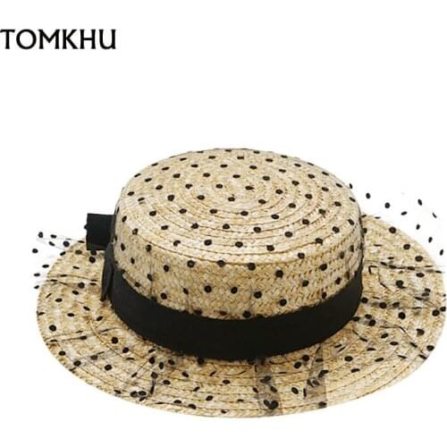 Womens Sun Hats Wide Brim Summer Korean Lace Mesh Yarn Wave Point Bow Flat Fashion Straw Hat Sun Protection Chapeu Feminino Cap