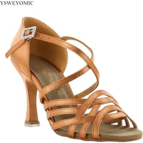 Salsa Latin Dance Shoes YSWEYOMIC 2022 Brown Satin Medium Heel Training Soft Insole Latin Bachata Dance Shoes For Women
