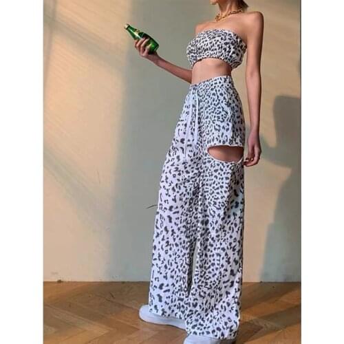 Streetwear Outfit Leopard Print 2 Piece Set Women Sexy Bandeau Tube Top Bustier Wide Leg Pants Ripped Loose Trousers Casual