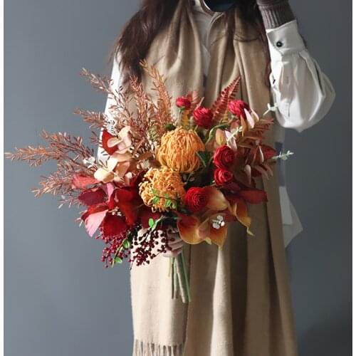 JaneVini Vintage Autumn Bridal Hand Bouquets Flowers Handmade Red Roses Calla Lily European Wedding Bridesmaid Silk Bouquet 2021