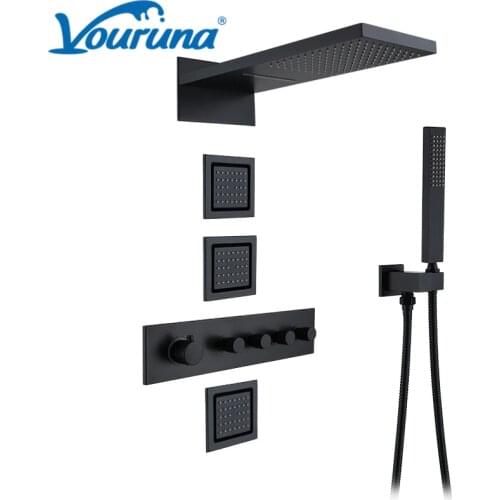 VOURUNA Luxurious Modern Black Waterfall Thermostatic Bathroom Shower Set With Body Jet Massage Sprayer