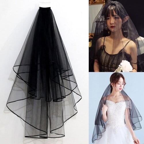 Woman Black Wedding Veil Two Layers Ribbon Edge Short Bridal Simple Veils with Comb Wedding Accessory