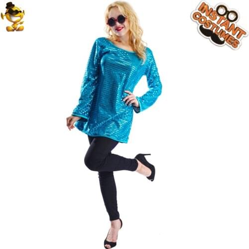 Women 60s 70s Disco Costume Carnival Blue Sequins Tunic Hippie Costumes Halloween Party Fancy Dress Up for Adult Female