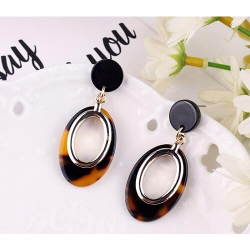 Colorful Vintage Pattern Imitation Stone Oval Hoop Elliptical Geometric Drop Earrings Women Party Jewelry