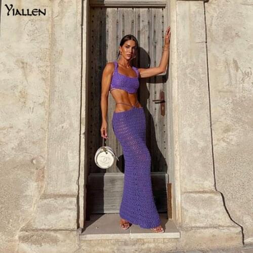 Yiallen Weave Mesh Solid Two Piece Set Women Elegant Back Criss Cross Bandage Camisole Top+See Through Skirt Matching Outfits