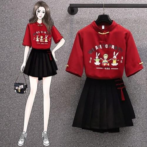 Women Chinese Style Clothes Set Retro Buckle Top + Irregular Pleated Skirt Summer Female Plus Size Improved Hanfu 2 Piece Set