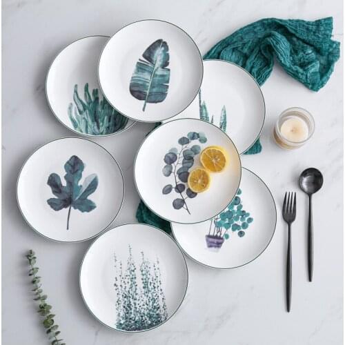 1PCS 8inch Green Plants Porcelain Dinner Plate Tableware Dinner Set Ceramic Dessert Dish Dinnerware Cake Beef Steak Plate