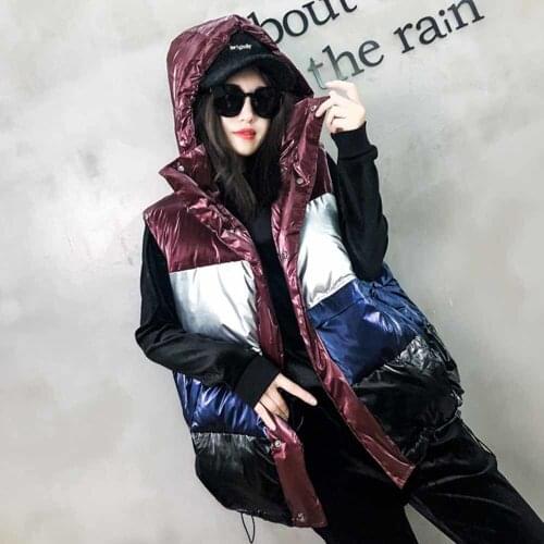 2021 Women Vest Waistcoat Womens Glossy Stitching Sleeveless Jacket Korean Loose Hooded Down Cotton Winter Warm Vest Female