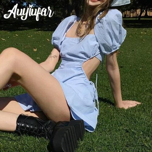 Auyiufar Fairycore Cottagecore Solid Puff Sleeve Dress Backless Tie Up Sexy Y2K Mini Dresses Drawstring Square Collar Outfits