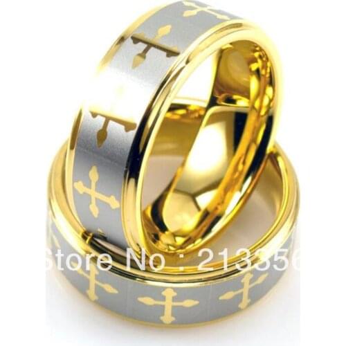Free Shipping!Wholesales Cheap Price Promotion Sales! USA Hot Selling Mens Tungsten New Gold Plated Laser Etched Cross Ring