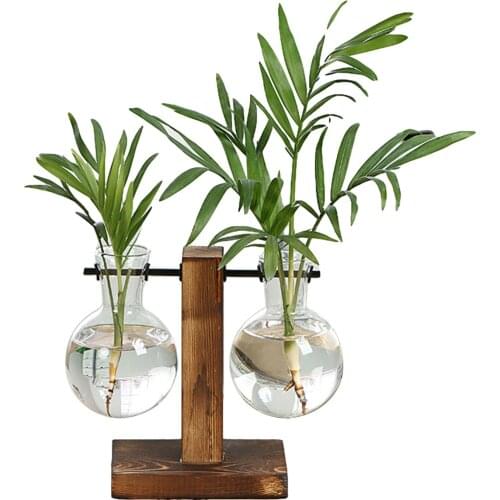 Terrarium Hydroponic Plant Vases Vintage Flower Pot Transparent Vase Wooden Frame Glass Tabletop Plants Home Bonsai Decor