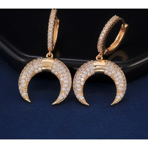 Huitan Dazzling Moon Drop Earring Full Paved CZ Stone Luxury Gold Color Women Earring Stylish Jewelry High Quality Drop Shipping