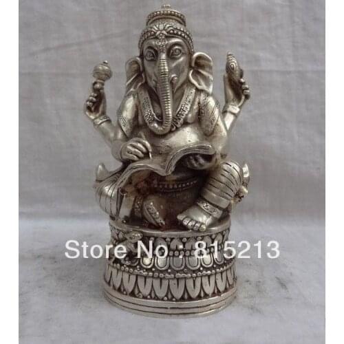 Bi00430 Chinese Silver 4 Arms Ganapati Ganesh Lord Brass Ganesha Buddha Mouse Statue