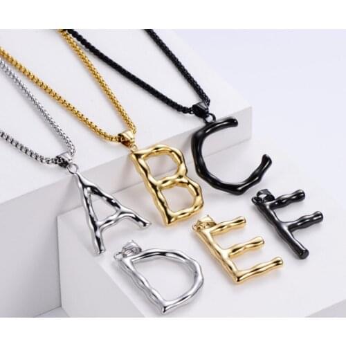 Mens and Womens Jewelry Stainless Steel Large Bamboo Initial Large Letter Pendant Necklace Monogram Name Necklace 24