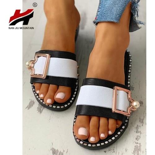 NAN JIU MOUNTAIN 2020 Womens Open Toe Slippers Summer Flat Sandals Pearl Outdoor Buckle Shoes Beach Comfortable Plus Size 40
