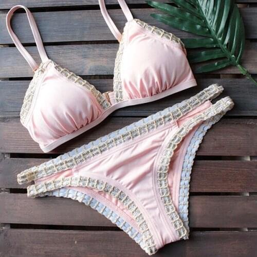 2020 new Bikini Pink, stitching gold hand-woven hemp rope swimsuit straps split Bikini swimming suit for women 2 piece swimsuit