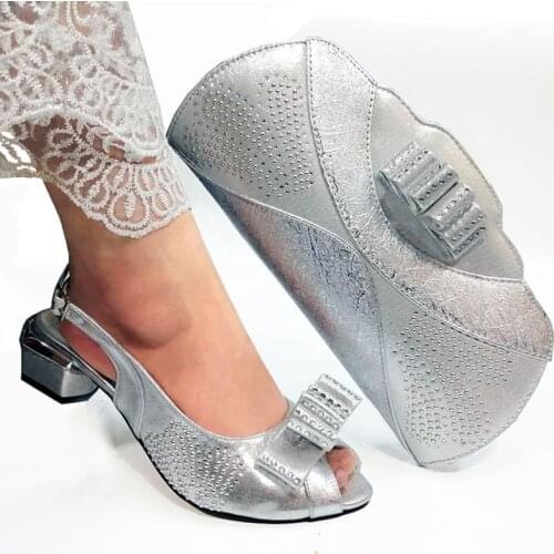 New Silver Color Comfortable Platform Ladies Shoes and Bag set shining stones big pumps Women Shoes and Bag Set for Party