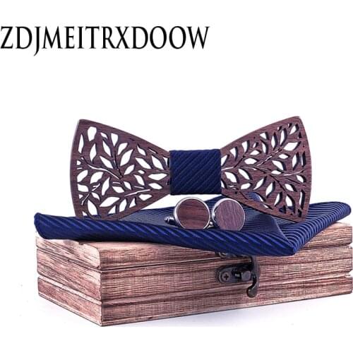 Paisley Wooden Bow Tie Handkerchief Set Mens Navy Blue Bowtie Wood Hollow carved Floral design And Box Fashion Novelty ties