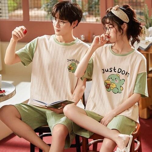 Summer Couples pajamas Set Women Men Sleepwear Cotton Dinosaur Printing Loose Pyjamas Korean Boys Girls Shorts Homewear Lovers