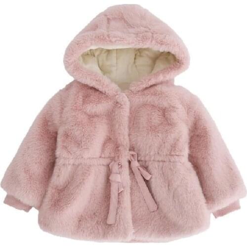 Girls' Hooded Plush Jacket Childrens Jackets Warm Kids Jacket Boys Baby Winter Clothes Fluffy Jacket Coat Outdoor 2021 Tie Bow