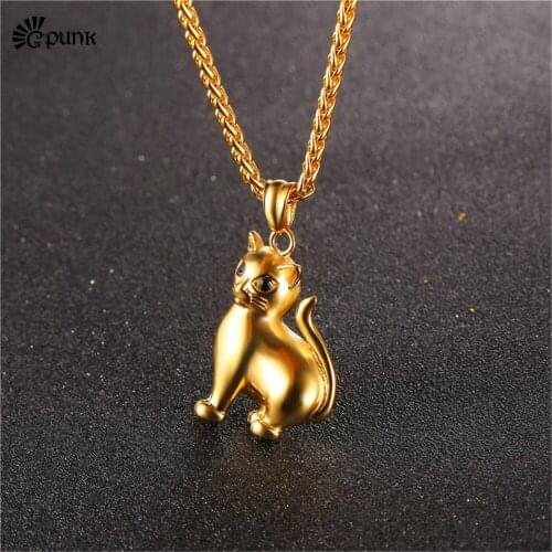 Full gold color cute cat necklace with stainless steel chain 2017 new lucky jewelry women men animal necklaces pendant P2417G