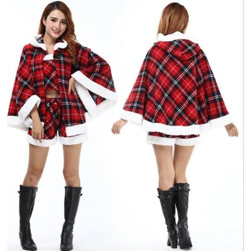 Christmas Cloak Costumes Red Plaid Student School Uniform Sexy Disfraz Party Round Neck Nifty Fashion Dirndl Three-Piece T1094