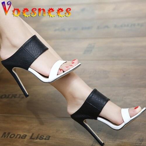 Black White Mixed Colors Slippers Summer New One Word Strap Thin High Heels Peep Toe Sandals Daily Commute Office Women Shoes